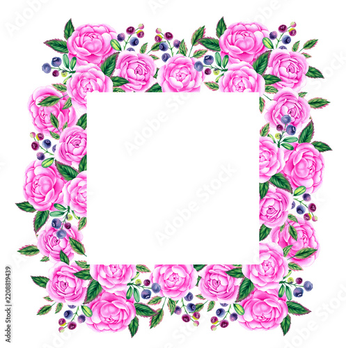 Watercolor floral wreath with pink roses, blueberries and fresh greenery, perfect for wedding stationery, invitations, greeting cards, packaging, branding and elegant decor.