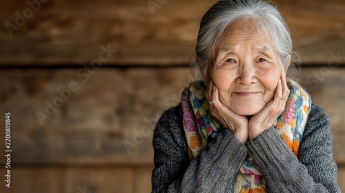 Warm Smile of Wisdom: An elderly Asian woman with gentle eyes and a serene smile rests her chin on her hands, her face etched with the stories of a lifetime.