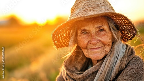 Golden Hour Embrace: A wise elderly woman with weathered skin and a gentle smile, adorned in a rustic straw hat and scarf, is bathed in the warm, golden light of sunset.