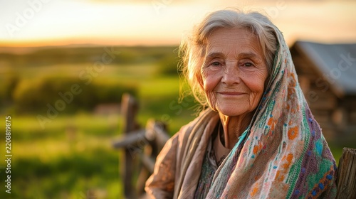 Portrait of an Elder Woman: A serene elder woman with striking grey hair, wearing a patterned scarf, gazes thoughtfully into the distance, framed by the golden hues of a sunset.