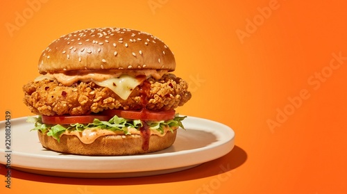 Crispy Spicy Fried Chicken Burger with Cheese Lettuce and Tomato on White Plate over Orange Background