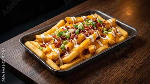Loaded French Fries with Melted Cheddar Cheese Sauce Bacon Bits and Green Onions on Metal Tray