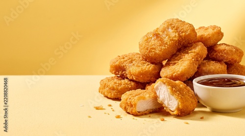 Crispy Golden Chicken Nuggets Stack with Dipping Sauce and Broken Piece Showing Meat on Yellow Background Studio Photography