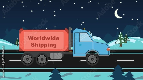 Animated delivery truck driving on winter road at night, worldwide shipping cargo transport concept, 2D vector flat style vehicle motion