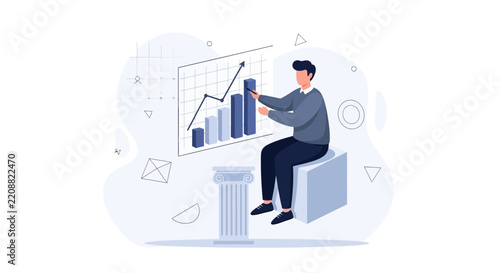 Man analyzing financial growth chart with bar graph and upward arrow, illustrating business progress and success.