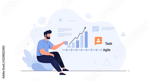 Man analyzing growth chart and task management in agile development, business concept illustration