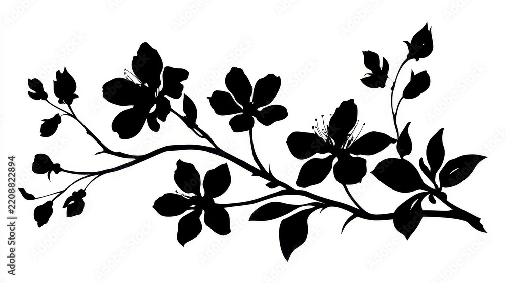 Fototapeta premium Elegant Floral Branch Silhouette with Blossoms and Leaves Isolated on White Background