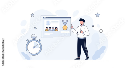 Man points to digital achievement award on screen with stopwatch symbolizing success and competition
