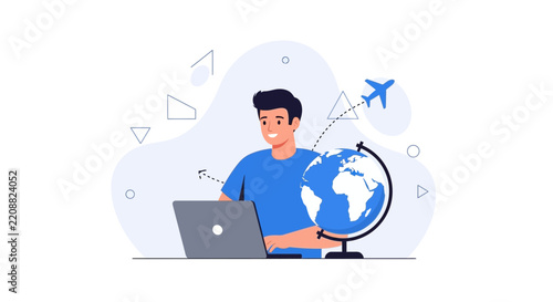 Man planning travel online with laptop and globe, airplane icon symbolizing journey