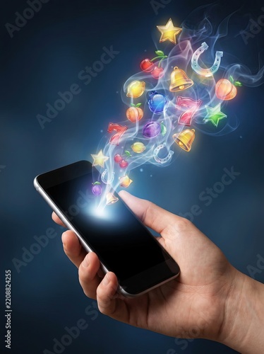 Digital Slot Machine Screen, Mobile Gaming Casino Concept, Online Casino App Play, Magical Slot Game Experience on Mobile Device
