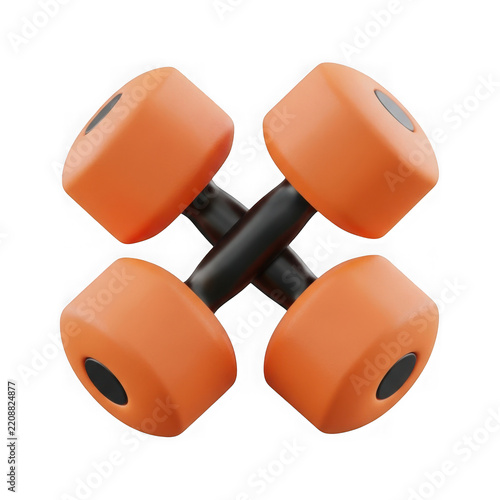 Orange rubber hex dumbbell weights connected by black bar transparent background