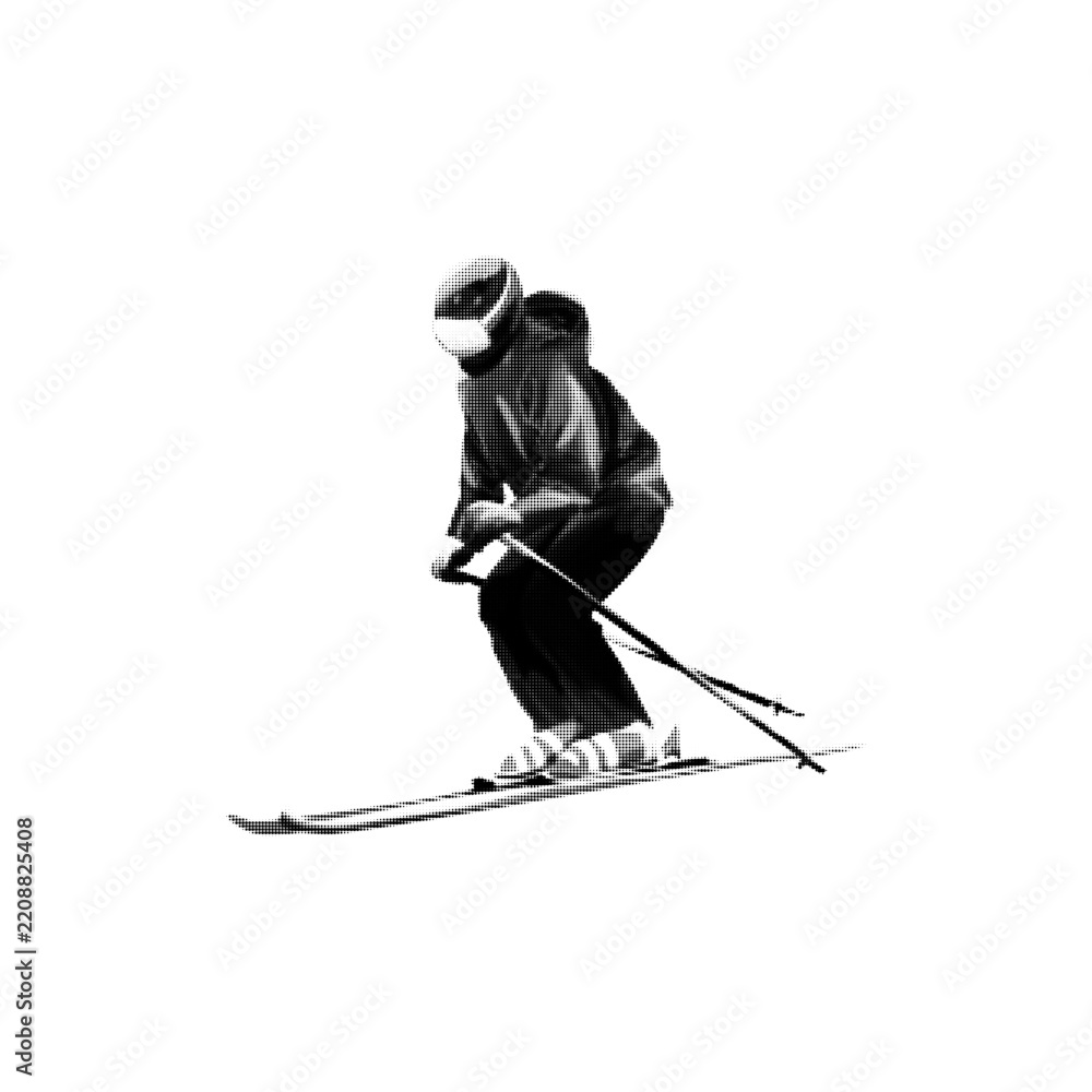 Fototapeta premium Vintage cross-country skier in winter clothing, rendered in black halftone style, isolated on white background, classic outdoor sports illustration for winter and holiday designs.