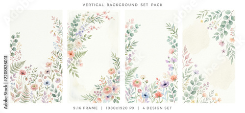Elegant Soft Pastel Watercolor Wildflower Botanical Floral Frame Vertical Background Set