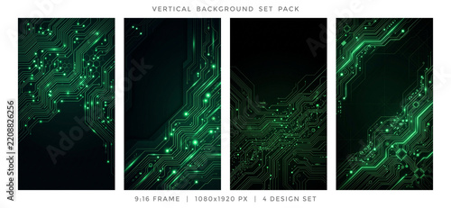 Futuristic Glowing Green Circuit Board Technology Vertical Background Set for Social Media