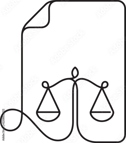 Continuous line drawing of a legal document with scales of justice
