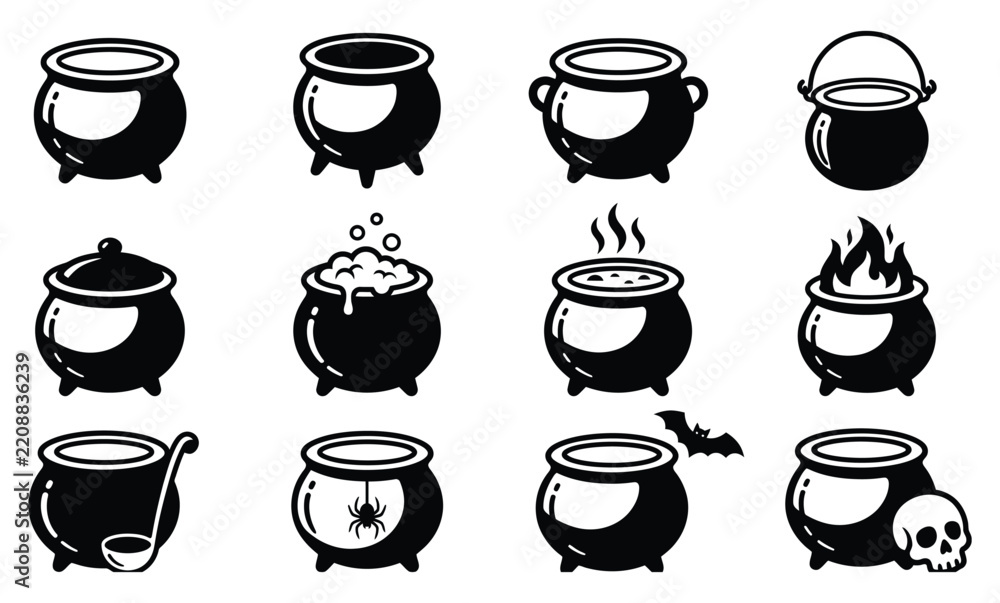 Fototapeta premium Magic Witch Cauldron Icon Set, Halloween Potion Pot Vector Silhouette Collection 