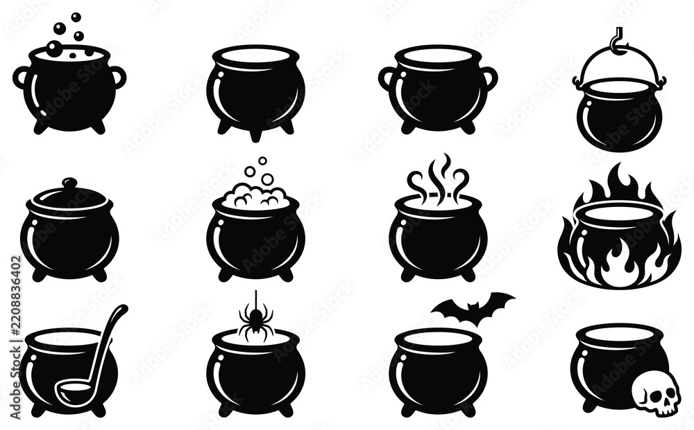 Fototapeta premium Magic Witch Cauldron and Potion Effects Silhouette Set, Halloween Magic Brew Pot Vector Collection 