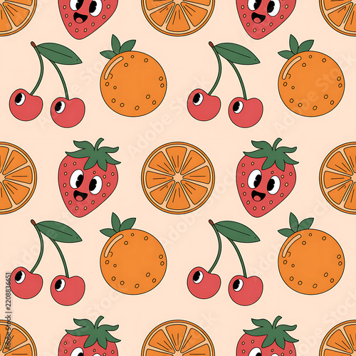 Seamless pattern of cartoon fruits featuring happy strawberries and cherries with orange slices strawberry seamless colorful background wallpaper illustration decorative cheerful template
