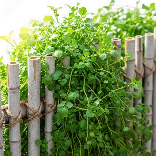 Fresh green watercress growing on a rustic bamboo fence isolated on transparent background