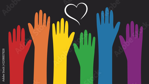 human hands colored in rainbow pride flag colors