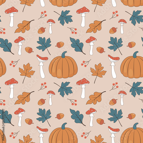 Autumn seamless pattern with leaves, pumpkings and forest plants