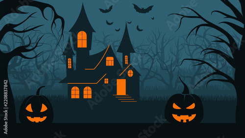 haunted house in mystery forest, jack o lanterns and flock of bats. scary illustration for Halloween invites
