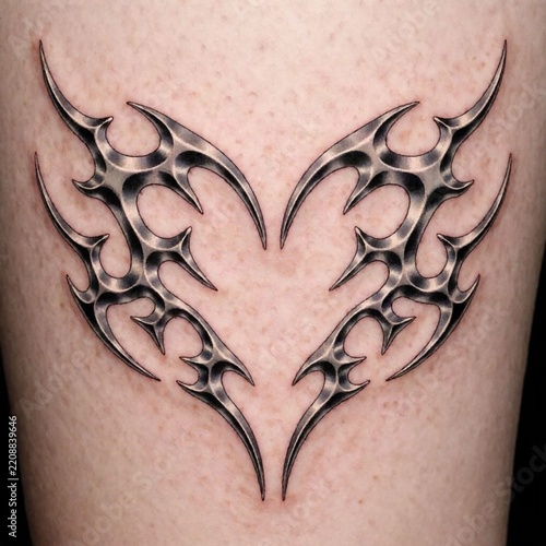 Intricate black and white heart-shaped dragonfly tattoo design on human skin