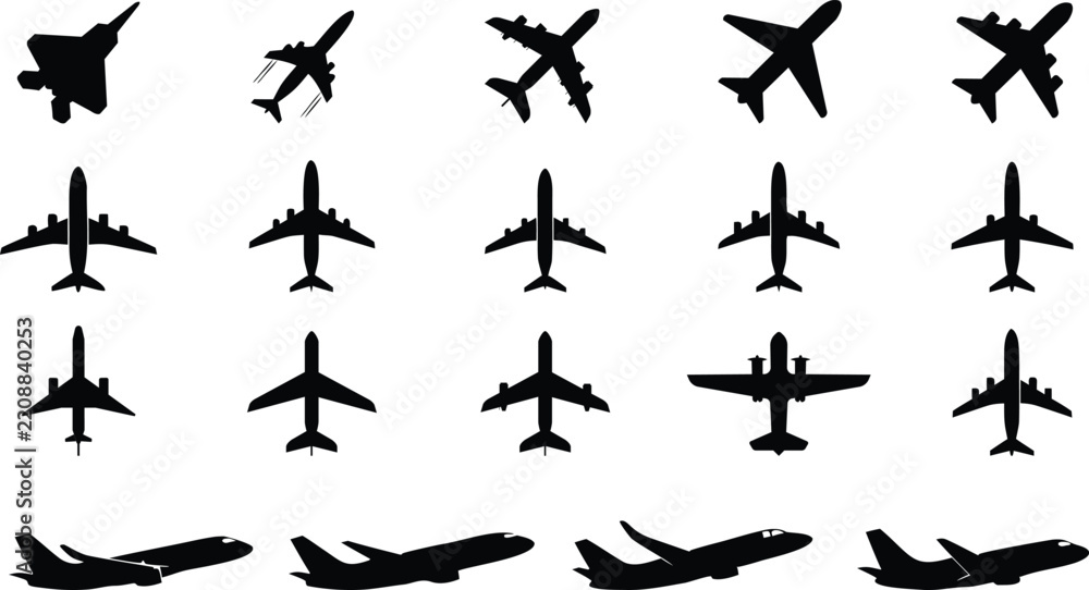 Fototapeta premium Airplane silhouette icon set