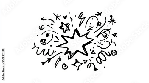 Black hand drawn explosion starburst doodle isolated on white background. Abstract expressive design element for comic accents and social media banners.