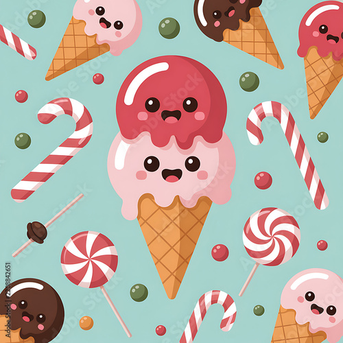 Cute ice cream cone with two scoops and smiling faces surrounded by candies character lollypop illustration colorful delicious youthful creative emoticon snacking refreshing confectionery