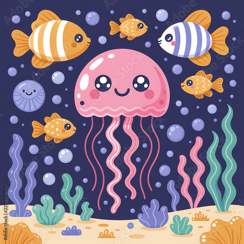 Cute pink jellyfish swimming in the ocean surrounded by fish and coral with jellyfish underwater character wildlife illustration environment ecosystem creature swimming tropical seafloor
