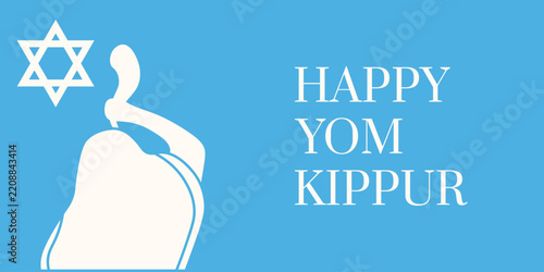 Minimal Yom Kippur holiday horizontal Banner design. Vector abstract person silhouette  in white clothes with shofar and holiday message. EPS 10