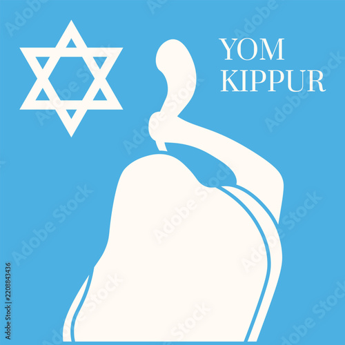Minimal Yom Kippur holiday poster design. Vector abstract person silhouette with shofar on blue background. Perfect greeting card cover design. EPS 10