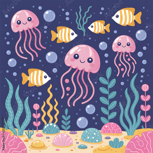 Cartoon ocean scene with cute pink jellyfish and tropical fish swimming among seaweed and coral jellyfish underwater tropical colorful environment creature wildlife background illustration