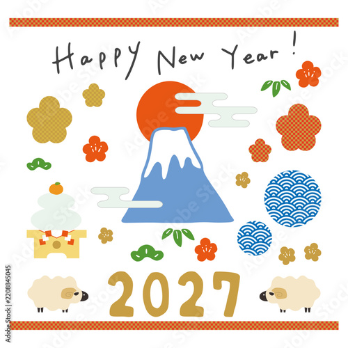 Happy New Year 2027 Japanese greeting card set with Mount Fuji, sheep, and traditional ornaments
