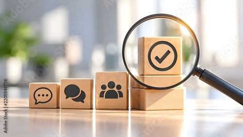 Wooden Blocks with Business Icons and Magnifying Glass Focusing on Checkmark for Quality Control and HR Evaluation Concept