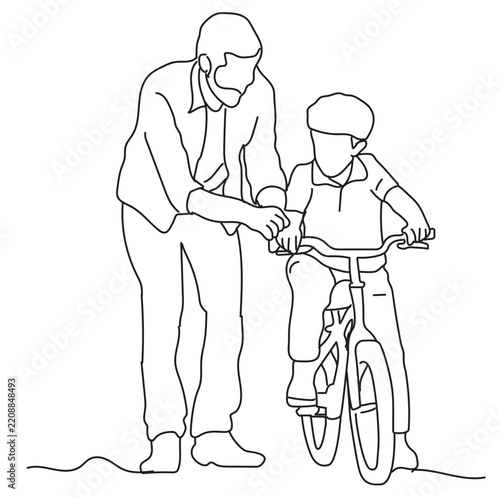 The father accompanies his child while they ride their bike.

