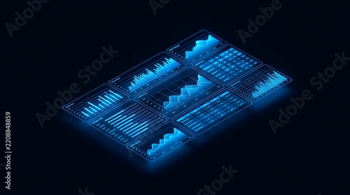 Futuristic glowing blue financial charts and data analytics dashboard display