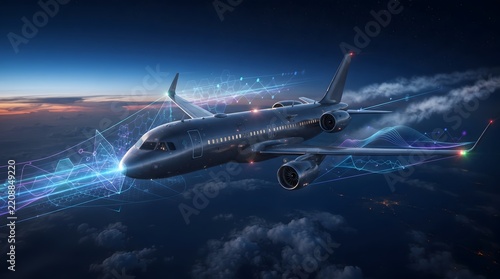 Futuristic commercial jet flying through digital data network in sky