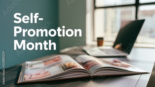 Self-Promotion Month:a creative professional's desk with an open portfolio, laptop and coffee cup in a bright modern studio,