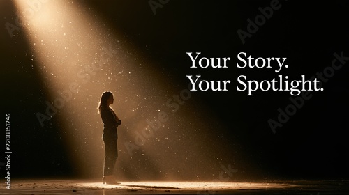 Self-Promotion Month:wide banner photograph of a lone businesswoman standing in a warm spotlight beam on a dark empty theater stage, typography reading 