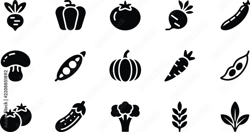Obraz premium Vegetable silhouette icon set featuring broccoli, tomato, carrot, mushroom, pumpkin, and leafy greens for food design projects