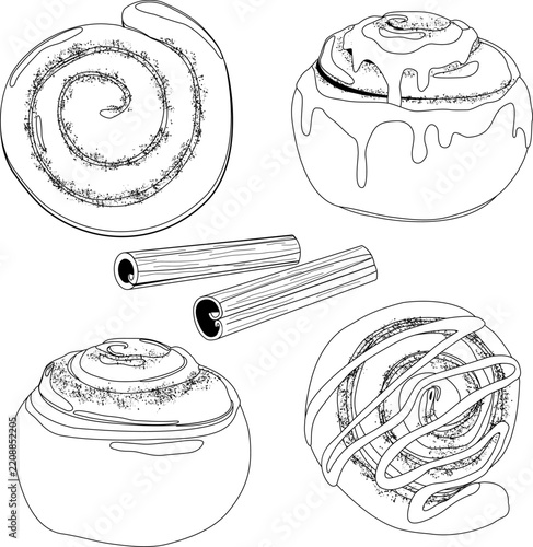 Cinnamon rolls. Bakery pastry products. Sweet bread food and cinnamon sticks. Cinnamon glazed cake buns for breakfast. Vector black and white coloring page