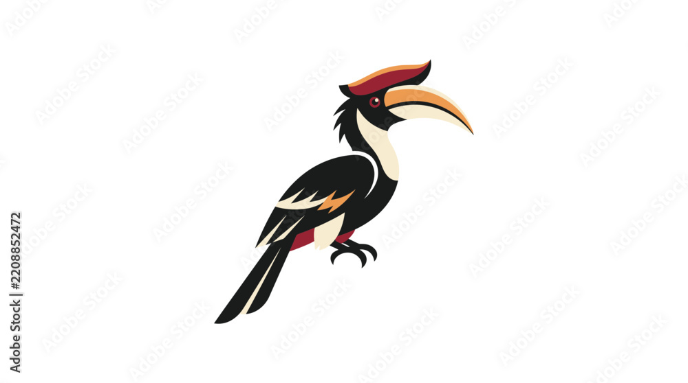 Fototapeta premium Exotic tropical hornbill bird illustration in flat vector style isolated on white background