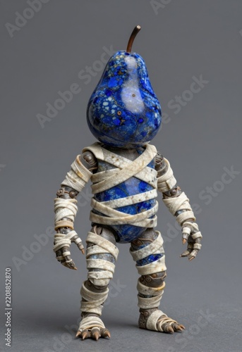 Blue Lapis Lazuli Pear Head Mummy Figurine Wrapped in Bandages Artistic Sculpture Fantasy Creature