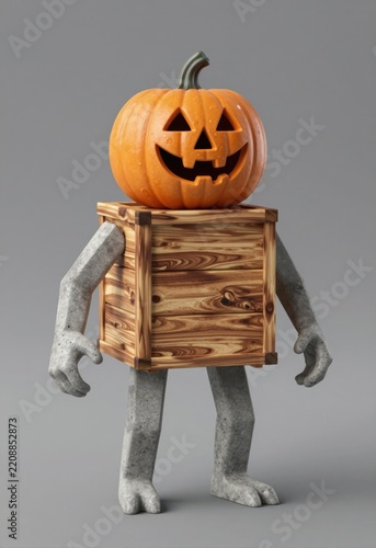 Halloween Jack-o'-Lantern Head atop Wooden Crate with Concrete Arms Legs – Festive Seasonal Character