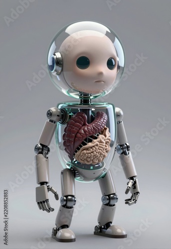 Transparent Robot With Visible Organs Inside Head And Torso For Medical Education Or Sci-Fi Concept Illustrations