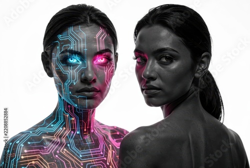 Futuristic woman half-human half-machine glowing circuit patterns blue pink cybernetic human body technology fusion portrait