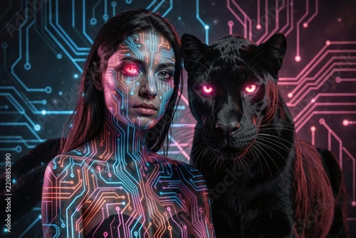 Neon Circuit Woman & Black Panther Cyberpunk Fusion, Glowing Eyes, Futuristic Tech Body Art, Dark Sci-Fi Background