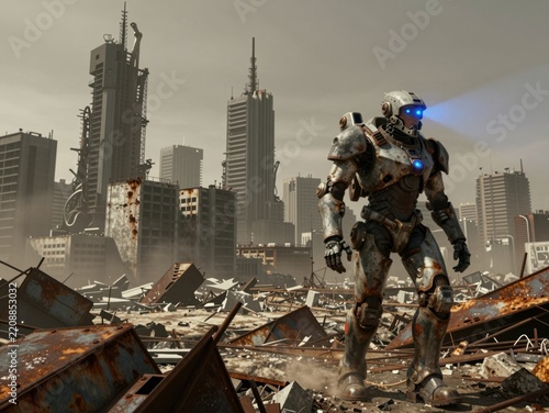 Futuristic soldier stands amidst post-apocalyptic city ruins with glowing blue eyes and rusted debris under overcast sky